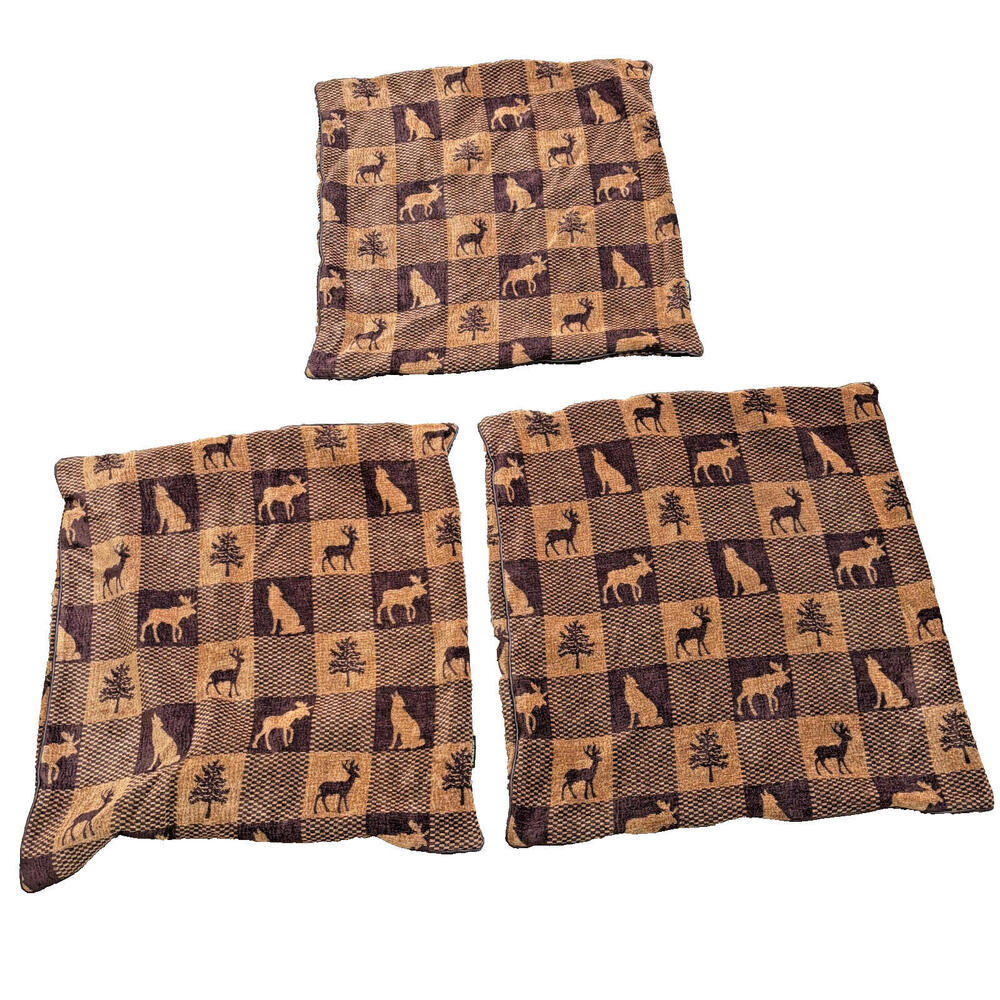 Pendleton Brown Checkered Pillowcases (3) Lodge Moose Deer Wolf‎ Tree 25" Square